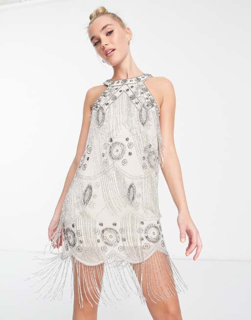 Miss Selfridge - Premium - Mini jurk met franjes en kraaltjes in zilver