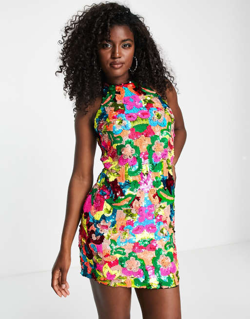 Miss Selfridge - Premium - Minikjole med stropper og halterneck i multifarvede pailletter