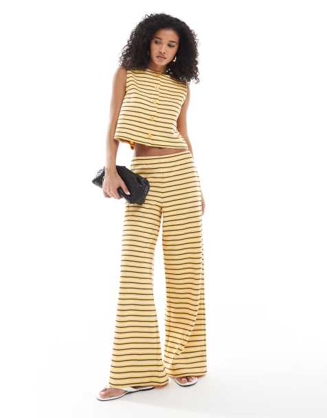 Miss Selfridge premium rib wide leg trouser in stripe