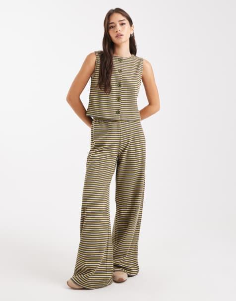 Miss Selfridge premium rib wide leg trouser in stripe - view 1