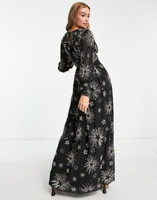 Miss Selfridge Premium embellished long sleeve maxi dress with star detail in black - BLACK - ASOS Price Checker