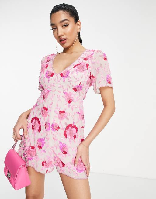 Miss Selfridge Premium sequin angel sleeve backless romper in pink floral