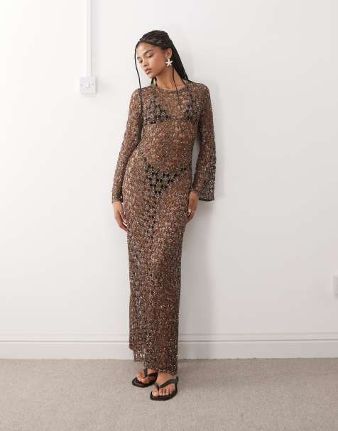 Miss Selfridge premium sequin beach dress in chocolate - view 1