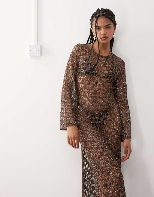 Miss Selfridge premium sequin beach dress in chocolate