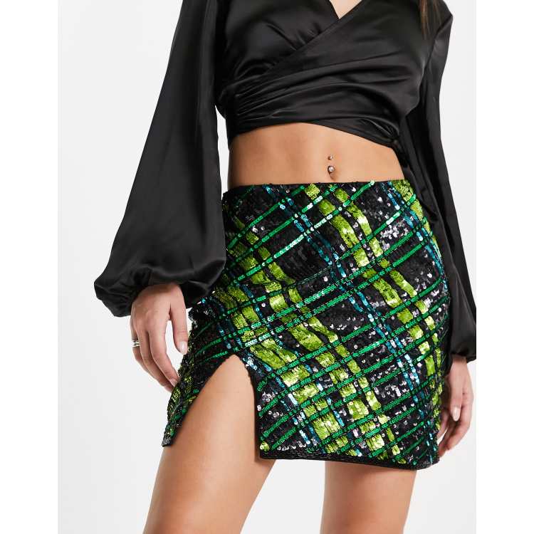 Miss Selfridge Premium sequin mini skirt in black and green check