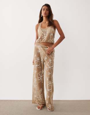 Miss Selfridge Premium Sheer Knit Embroidered Cropped Beach Tank Top In Brown