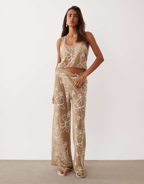 Miss Selfridge premium sheer knit embroidered cropped beach tank top in mocha - view 1