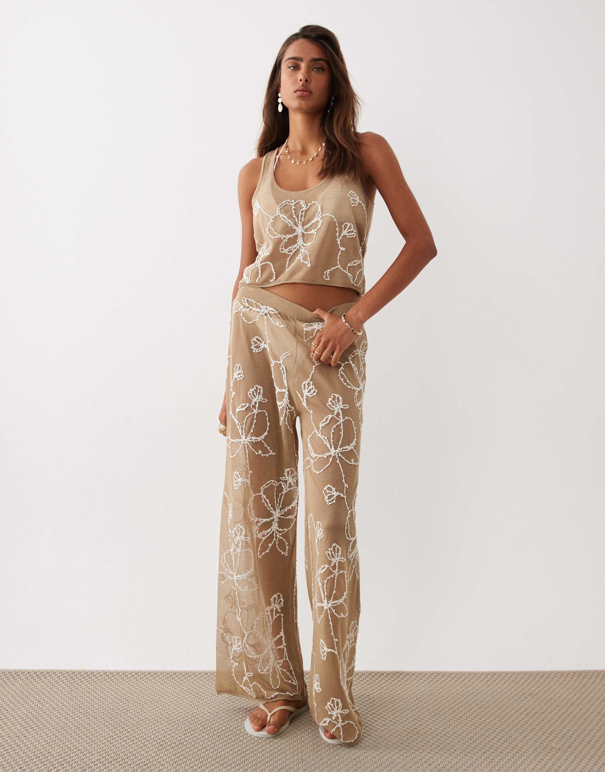 miss selfridge premium sheer knit embroidered cropped beach tank top in mocha