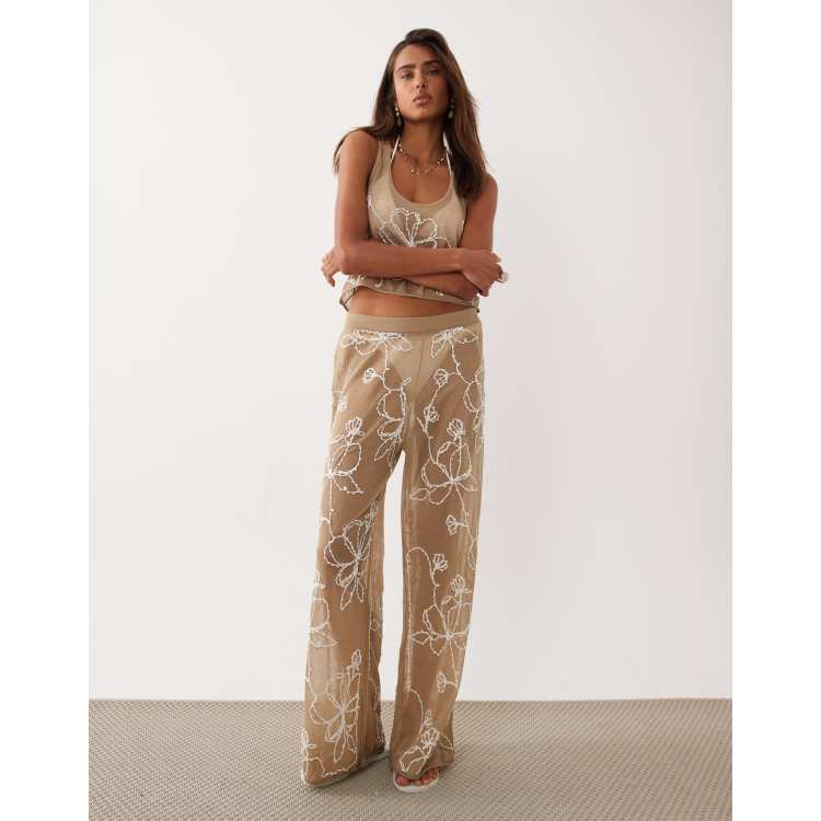 Miss Selfridge premium sheer knit embroidered wide leg beach pants