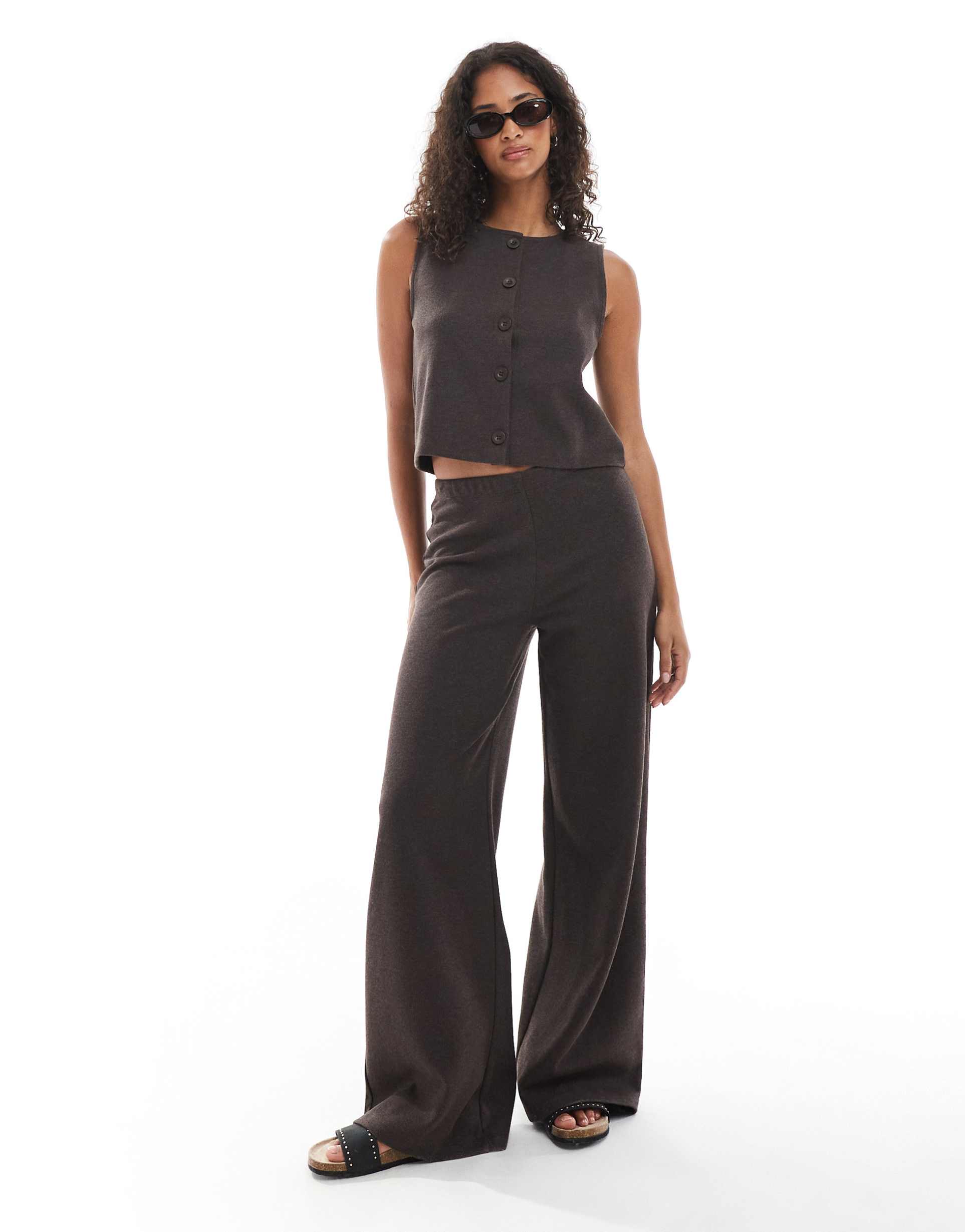 miss selfridge premium soft rib knit wide leg pants in chocolate