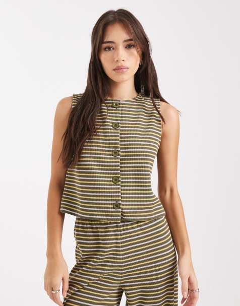 Miss Selfridge premium soft rib sleeveless vest in olive stripe - view 1
