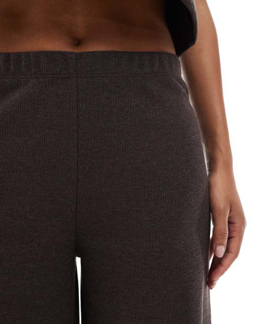 Miss Selfridge premium soft rib wide leg pants in chocolate, 5 of 5