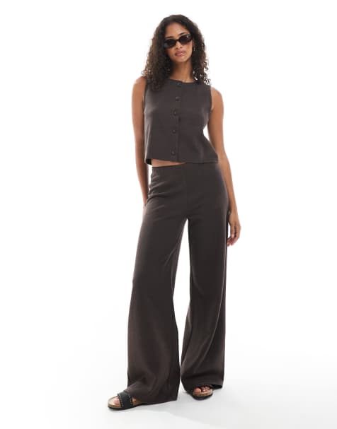 Miss Selfridge premium soft rib wide leg trouser in chocolate