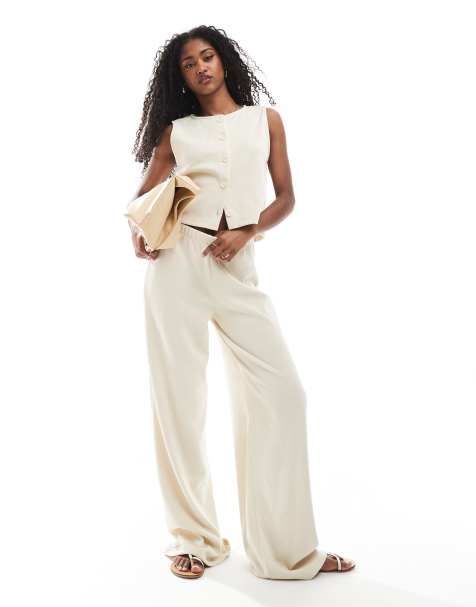 Miss Selfridge premium soft rib wide leg trouser in ivory