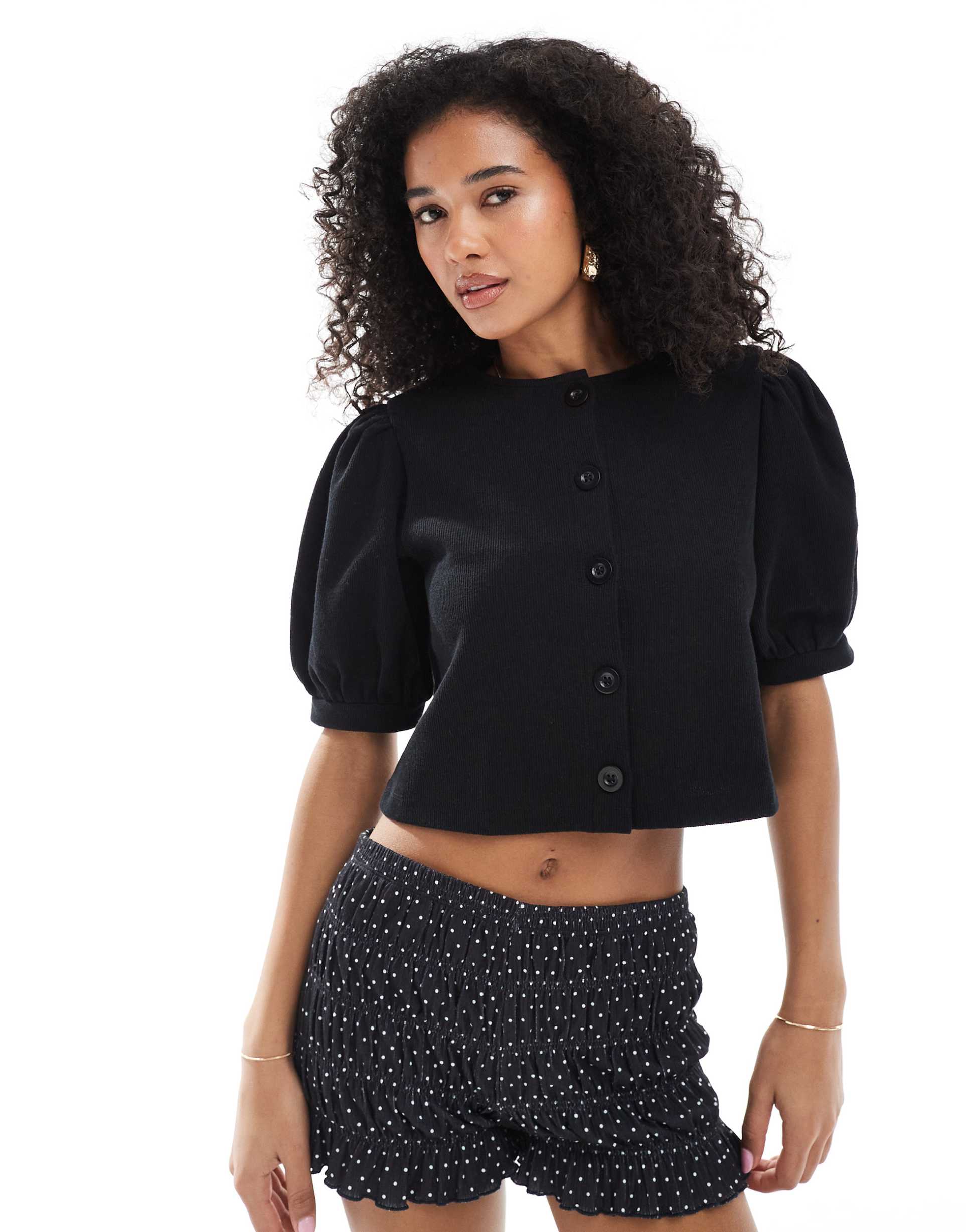 miss selfridge premium soft ribbed puff sleeve top in black