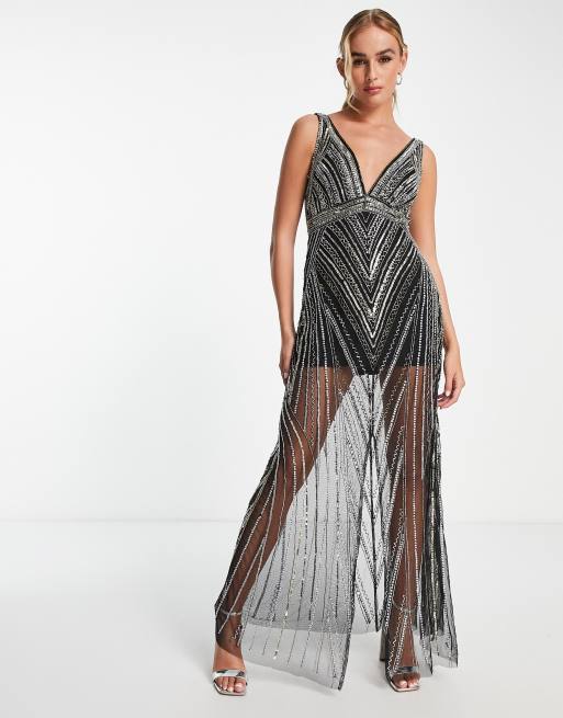 Miss Selfridge - Premium - Sort og gylden maxikjole med V-hals og udsmykning - BLACK, 4 af 4