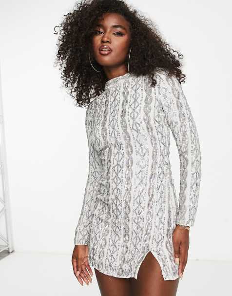 Miss Selfridge Premium – Srebrna sukienka mini z długim rękawem i ozdobnym sznurkiem - view 1