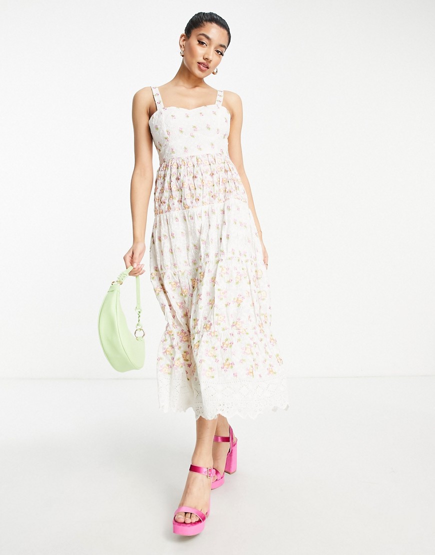Miss Selfridge Premium tiered midaxi dress in ivory with floral embroidery-White