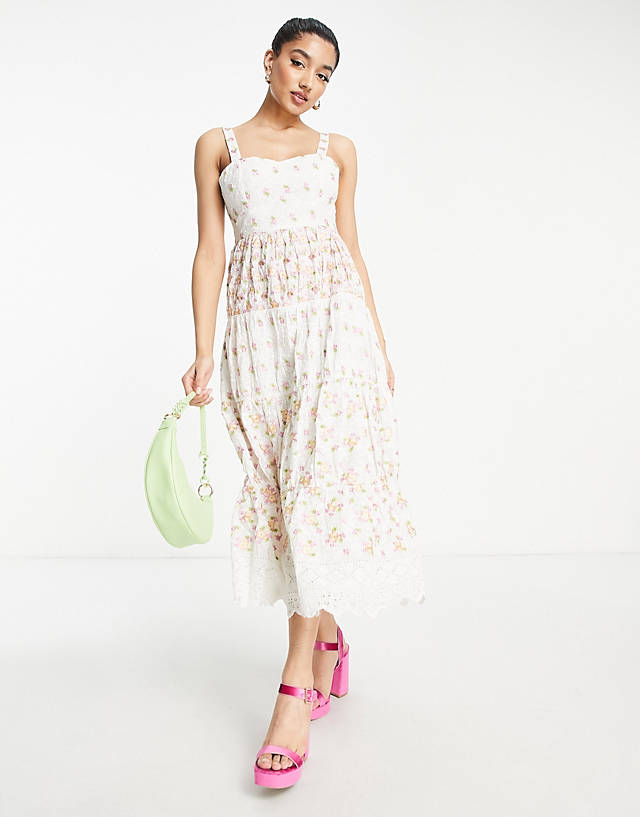 Miss Selfridge Premium tiered midaxi dress in ivory with floral embroidery