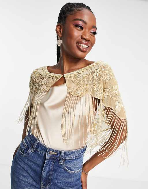 Miss Selfridge - Premium - Versierde cape met franje in goud