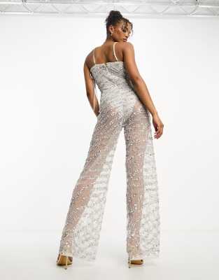 Miss Selfridge - Premium - Verzierter Festival-Jumpsuit mit weitem Bein und Korsettdetail-Silber