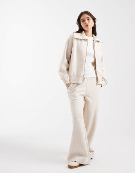 Miss Selfridge premium wide leg sweatpants in oatmeal - part of a set - view 1