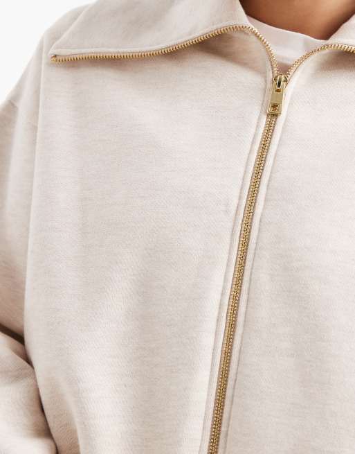 Miss Selfridge premium zip through collar detail sweat co-ord in oatmeal, 3 of 4