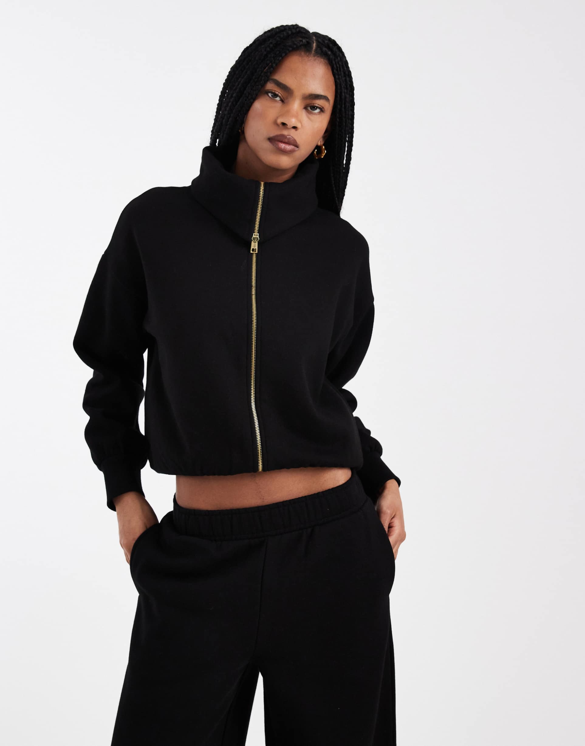 miss selfridge premium zip through collar detail sweater in black - part of a set