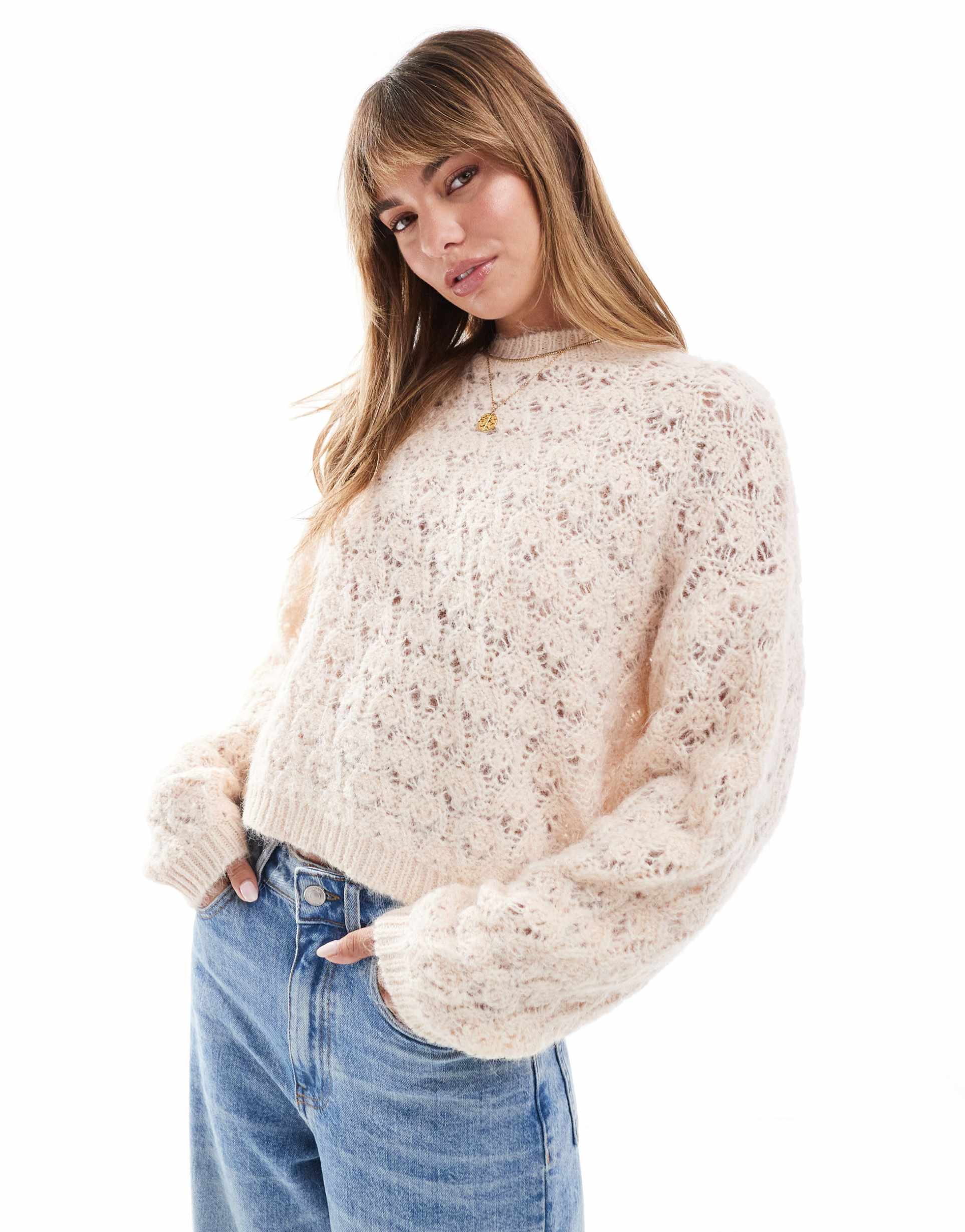 miss selfridge pretty pointelle stitch sweater in soft pink