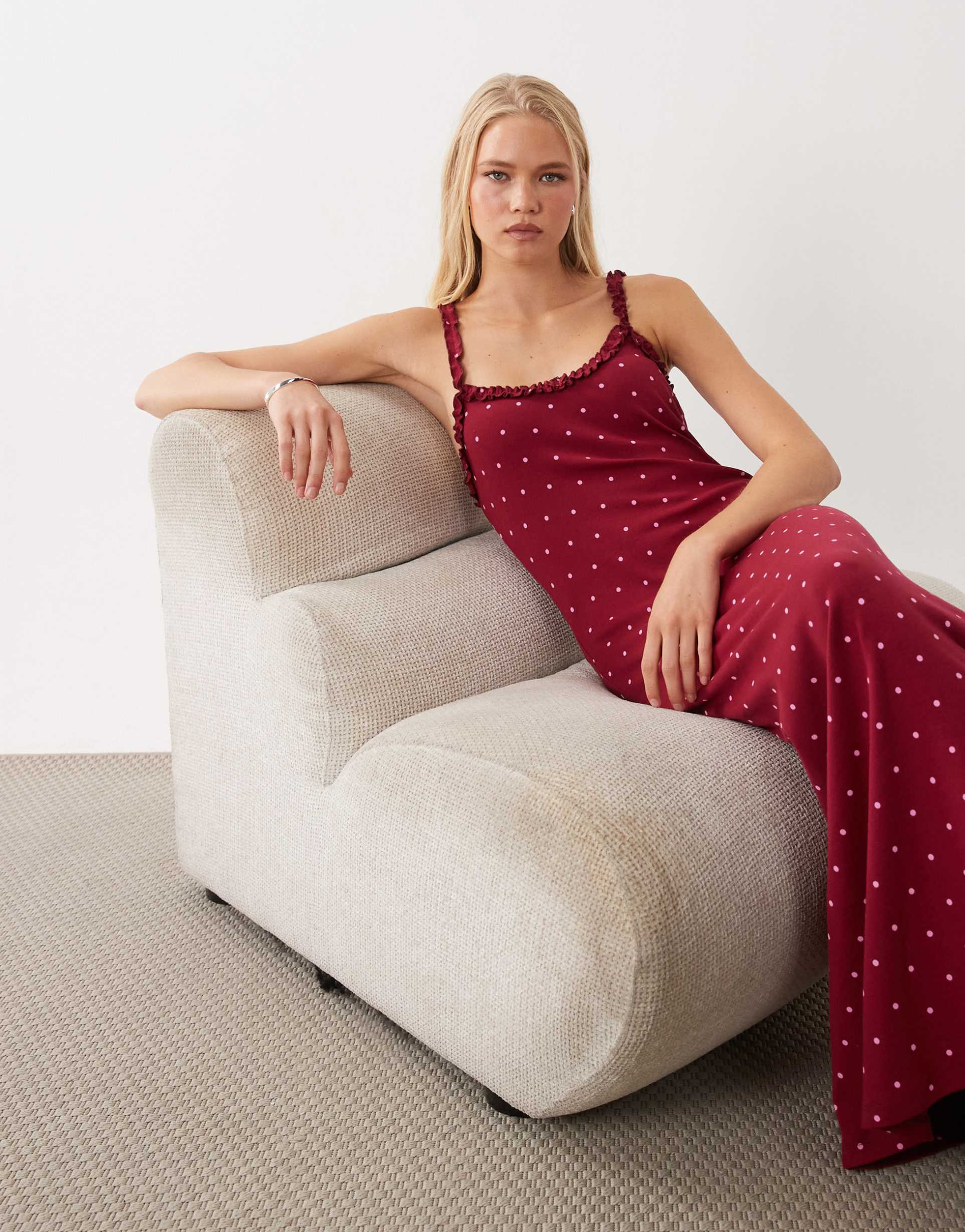 miss selfridge printed cami ribbed maxi dress in polka dot print