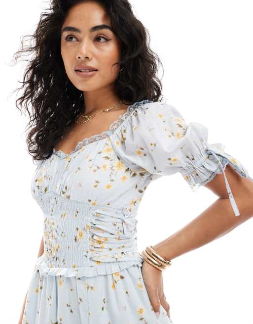 Miss Selfridge printed milkmaid maxi dress in blue floral print, 2 of 4