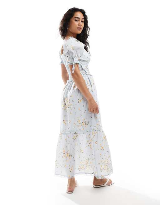 Miss Selfridge printed milkmaid maxi dress in blue floral print, 3 of 4