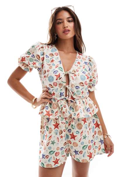 Miss Selfridge printed puff sleeve tie front blouse - view 1