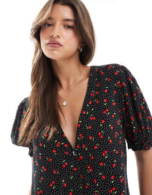 Miss Selfridge printed spun smock dress in Black Cherry Print