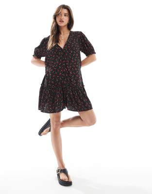 Miss Selfridge printed spun smock dress in Black Cherry Print