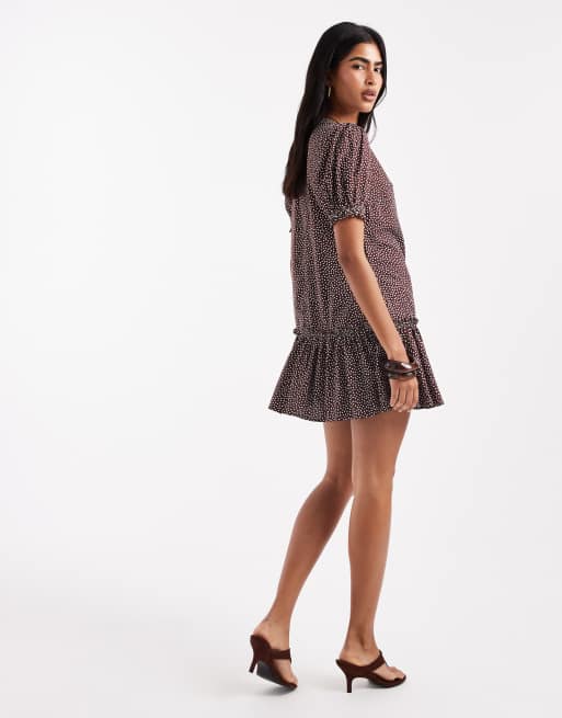 Miss Selfridge printed spun smock dress in brown polka dot