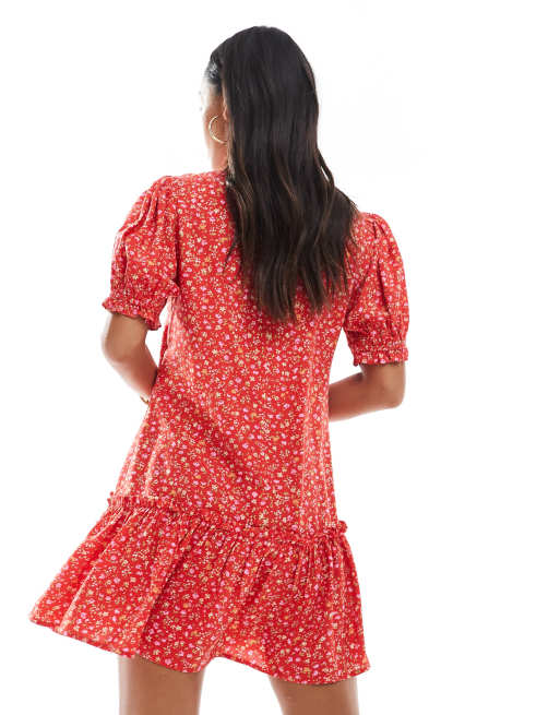Miss Selfridge printed spun smock dress in red ditsy, 4 of 4