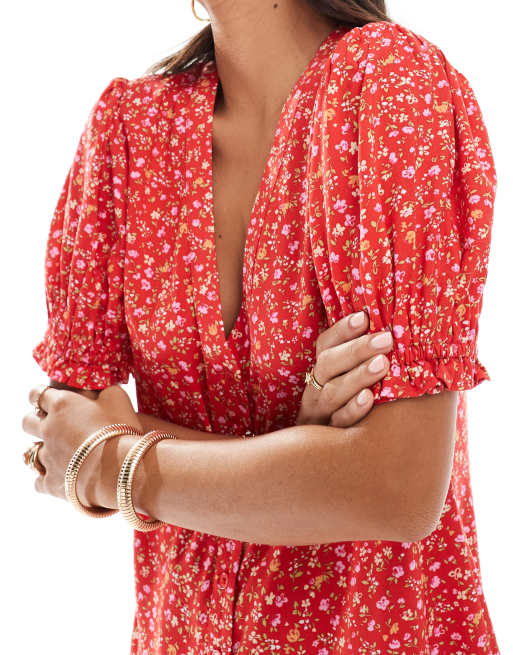 Miss Selfridge printed spun smock dress in red floral, 3 of 4