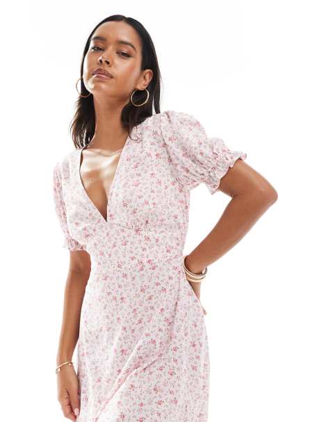 Miss Selfridge printed spun v neck mini tea dress in pink ditsy print - view 1