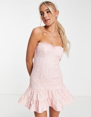 Miss Selfridge prom jacquard bustier mini dress in pink  | ASOS