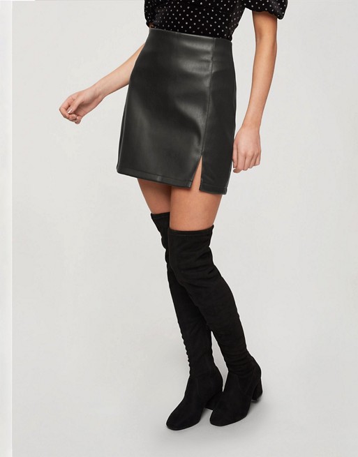 Miss Selfridge faux leather skirt with split front in black