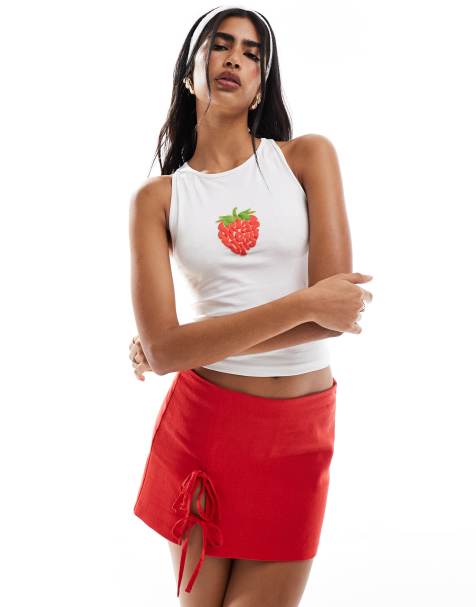 Miss Selfridge puff print summer strawberry racer singlet top in white - view 1