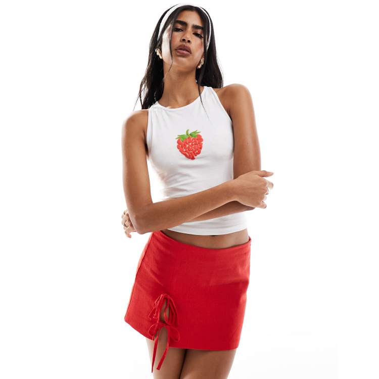 Miss Selfridge puff print summer strawberry racer tank top in