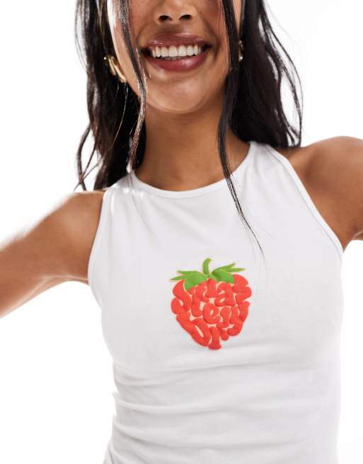 Miss Selfridge puff print summer strawberry racer tank top in white, 2 of 4