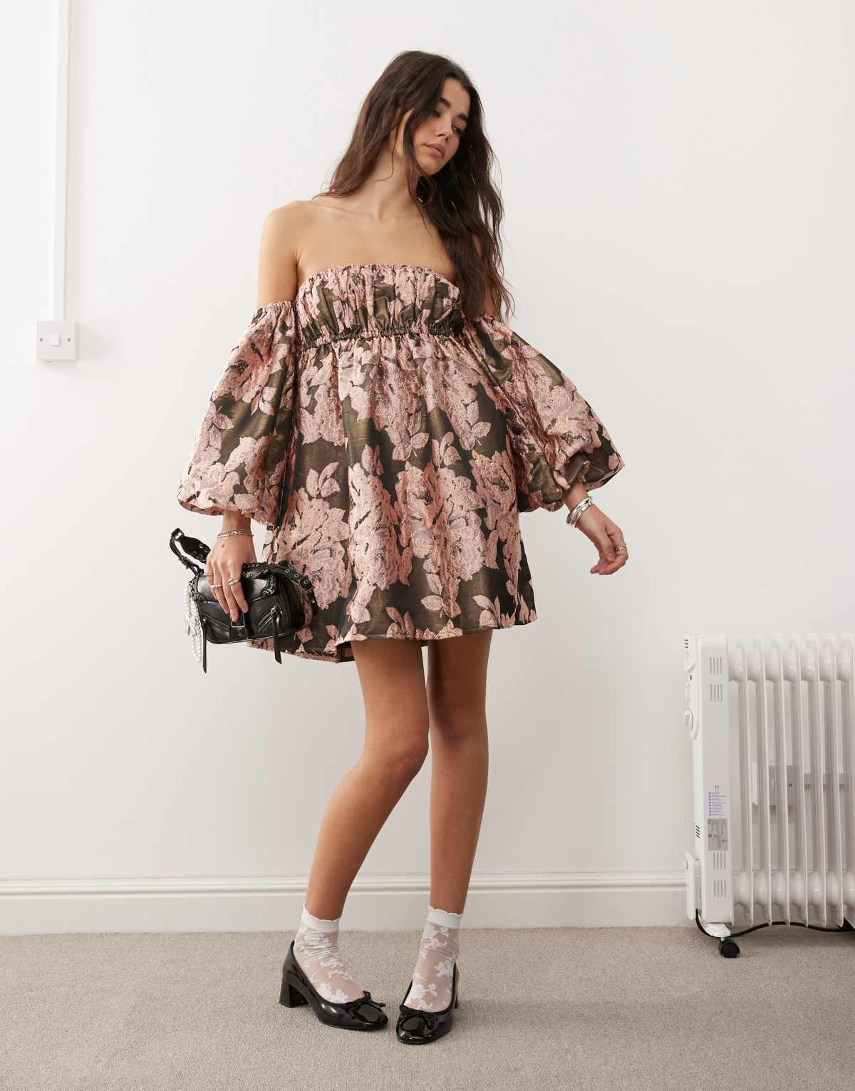 Miss Selfridge puff sleeve bardot dress in jacquard print