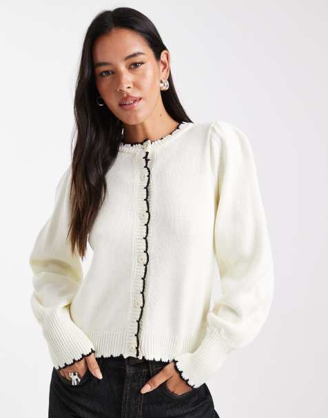 Miss Selfridge puff sleeve blanket stitch cardigan in cream - view 1