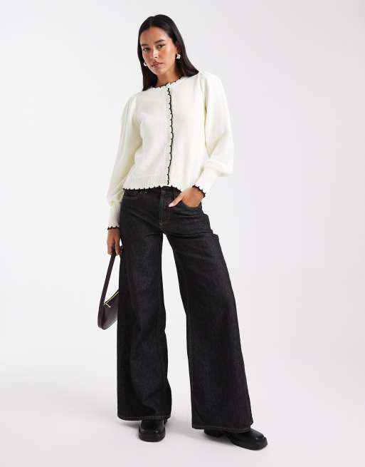 Miss Selfridge puff sleeve blanket stitch cardigan in cream