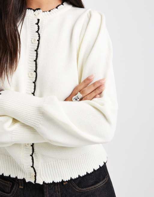 Miss Selfridge puff sleeve blanket stitch cardigan in cream
