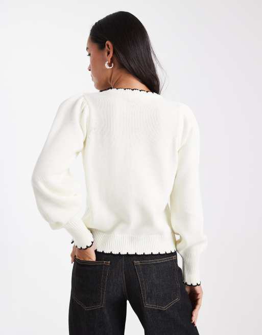 Miss Selfridge puff sleeve blanket stitch cardigan in cream