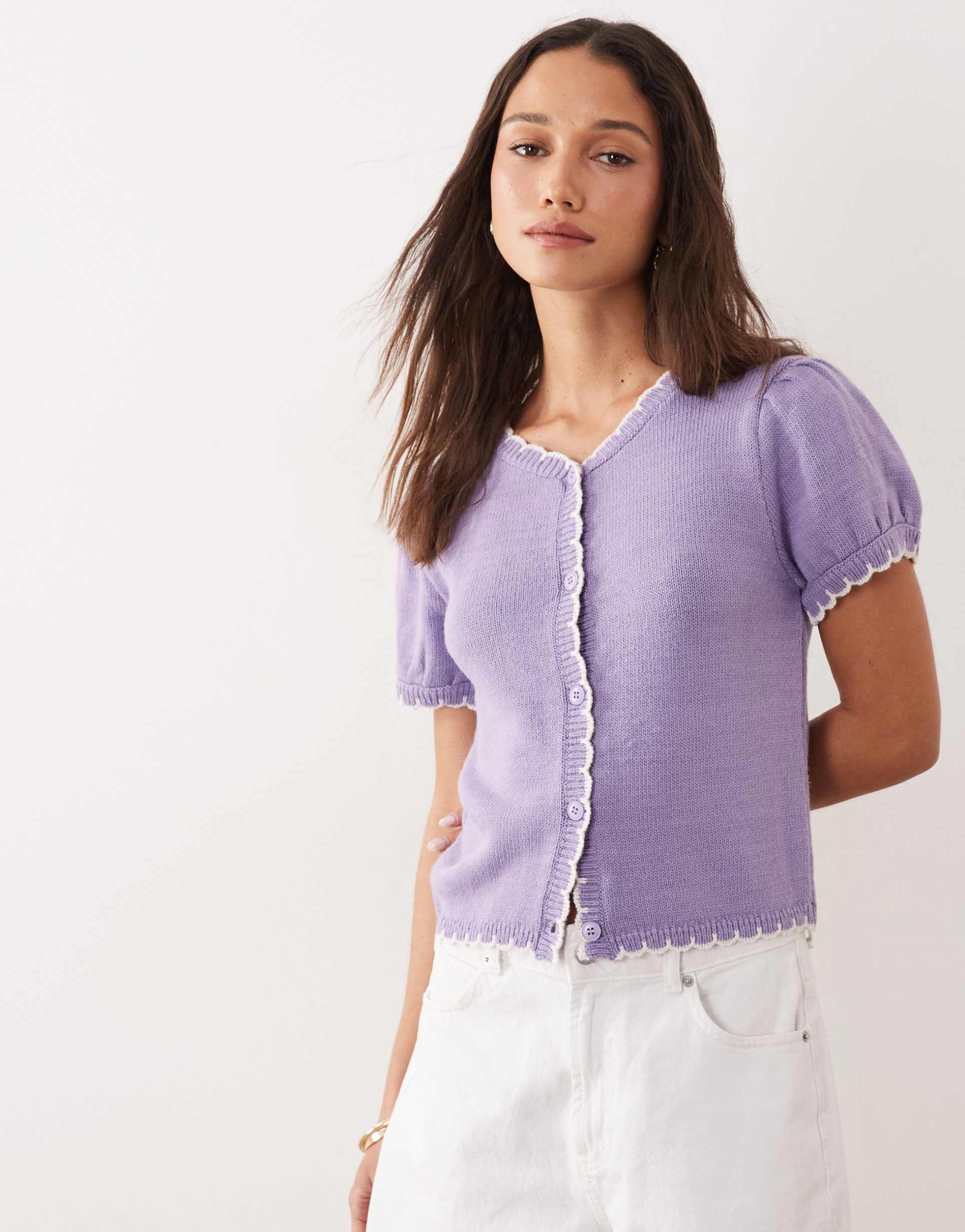 miss selfridge puff sleeve blanket stitch cardigan in lilac